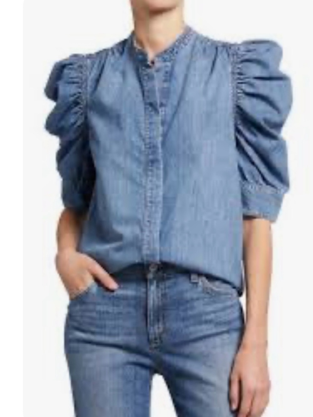 Frame Eugenia Puff Sleeve Denim Top XL Ruched Feminine Modern Boho Prairie